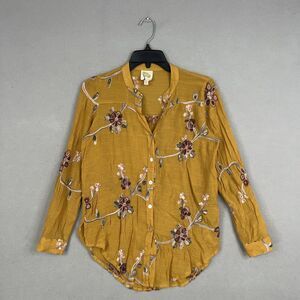 Fig and Flower Shirt Womens Small Mustard Yellow Embroidered Floral Boho Artsy